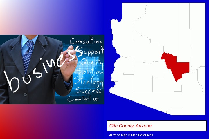 typical business services and concepts; Gila County, Arizona highlighted in red on a map