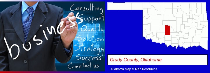 typical business services and concepts; Grady County, Oklahoma highlighted in red on a map