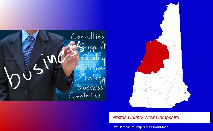 typical business services and concepts; Grafton County, New Hampshire highlighted in red on a map