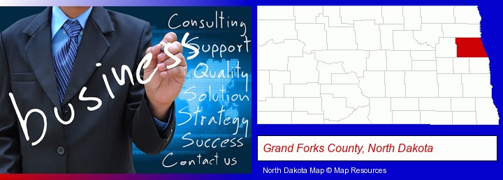 typical business services and concepts; Grand Forks County, North Dakota highlighted in red on a map