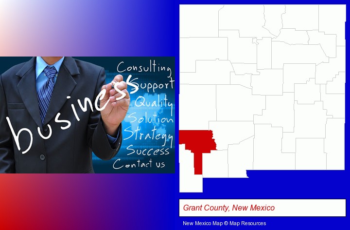 typical business services and concepts; Grant County, New Mexico highlighted in red on a map