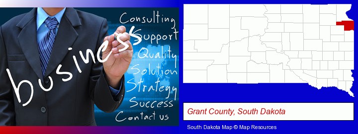 typical business services and concepts; Grant County, South Dakota highlighted in red on a map