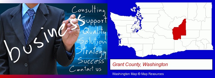 typical business services and concepts; Grant County, Washington highlighted in red on a map