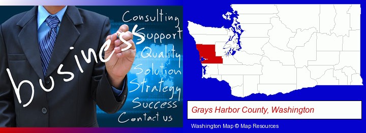 typical business services and concepts; Grays Harbor County, Washington highlighted in red on a map