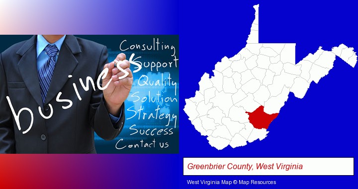 typical business services and concepts; Greenbrier County, West Virginia highlighted in red on a map