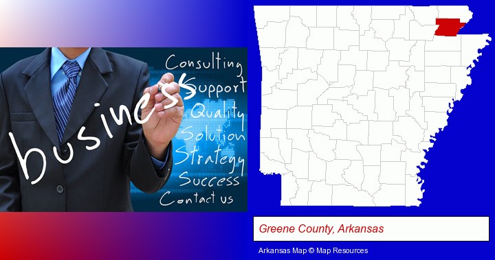 typical business services and concepts; Greene County, Arkansas highlighted in red on a map
