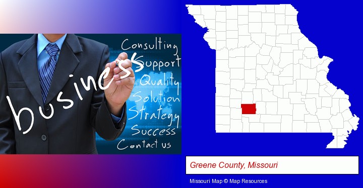 typical business services and concepts; Greene County, Missouri highlighted in red on a map