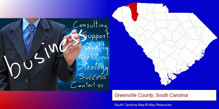 typical business services and concepts; Greenville County, South Carolina highlighted in red on a map