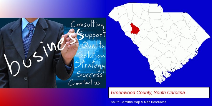 typical business services and concepts; Greenwood County, South Carolina highlighted in red on a map