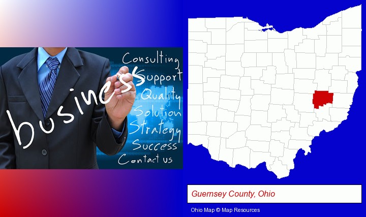 typical business services and concepts; Guernsey County, Ohio highlighted in red on a map