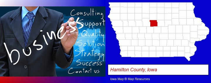 typical business services and concepts; Hamilton County, Iowa highlighted in red on a map