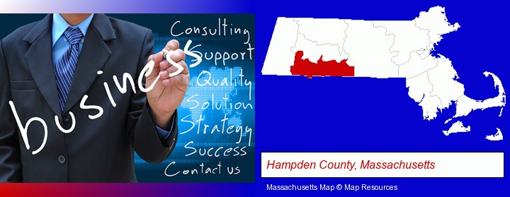 typical business services and concepts; Hampden County, Massachusetts highlighted in red on a map