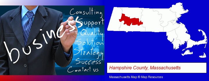 typical business services and concepts; Hampshire County, Massachusetts highlighted in red on a map