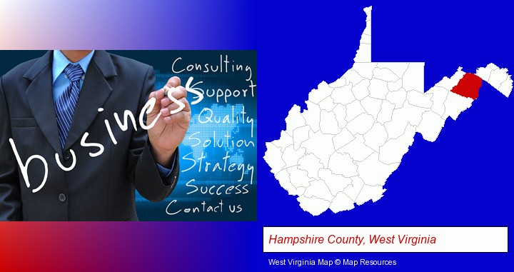 typical business services and concepts; Hampshire County, West Virginia highlighted in red on a map