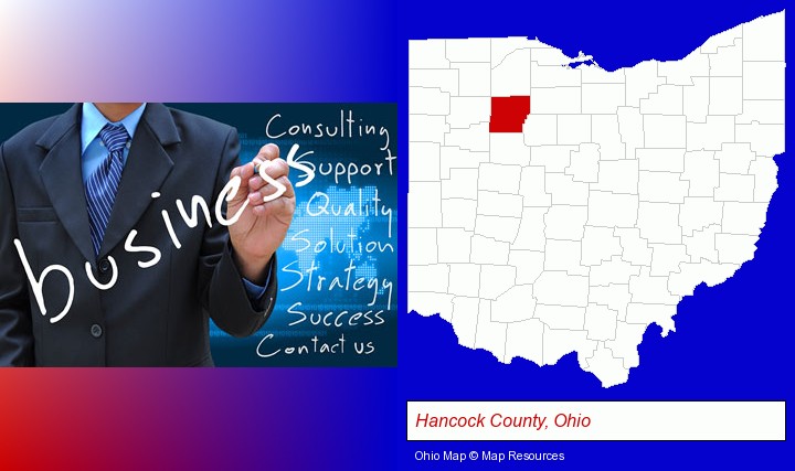 typical business services and concepts; Hancock County, Ohio highlighted in red on a map