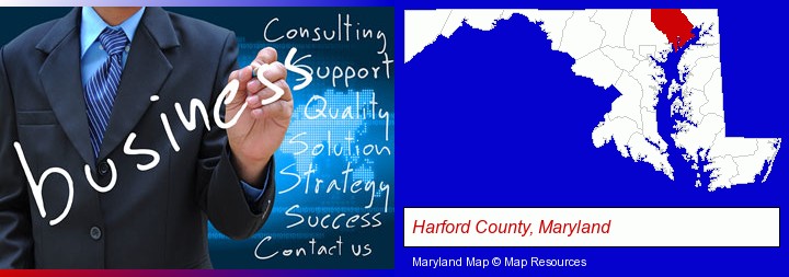 typical business services and concepts; Harford County, Maryland highlighted in red on a map