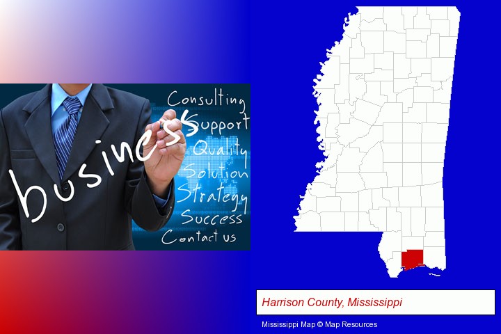 typical business services and concepts; Harrison County, Mississippi highlighted in red on a map