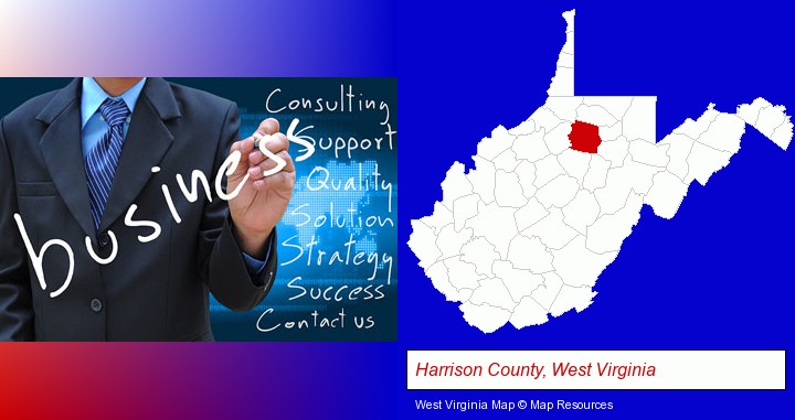 typical business services and concepts; Harrison County, West Virginia highlighted in red on a map