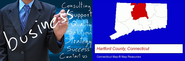 typical business services and concepts; Hartford County, Connecticut highlighted in red on a map