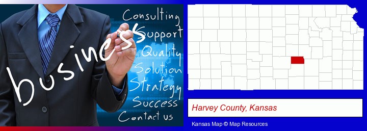 typical business services and concepts; Harvey County, Kansas highlighted in red on a map