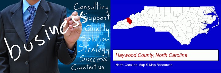 typical business services and concepts; Haywood County, North Carolina highlighted in red on a map