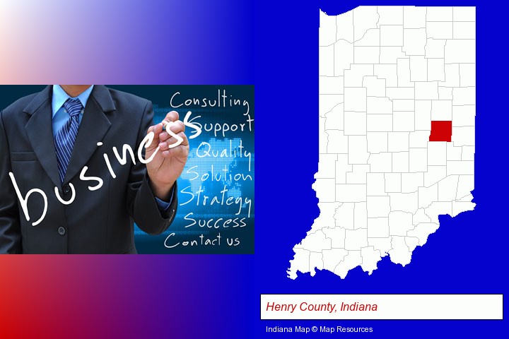 typical business services and concepts; Henry County, Indiana highlighted in red on a map