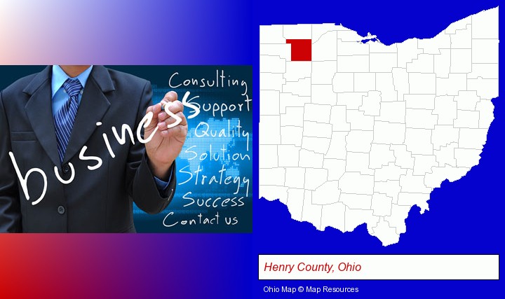 typical business services and concepts; Henry County, Ohio highlighted in red on a map