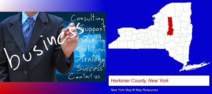 typical business services and concepts; Herkimer County, New York highlighted in red on a map