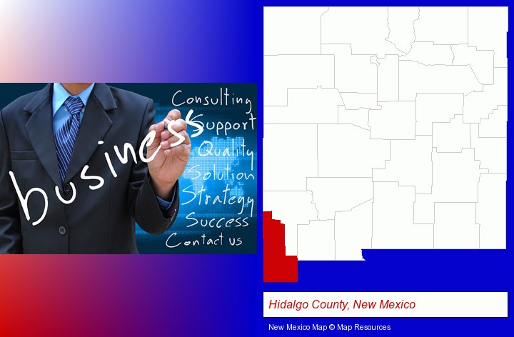 typical business services and concepts; Hidalgo County, New Mexico highlighted in red on a map