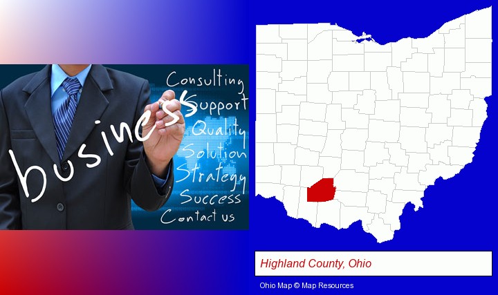 typical business services and concepts; Highland County, Ohio highlighted in red on a map