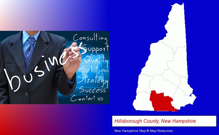 typical business services and concepts; Hillsborough County, New Hampshire highlighted in red on a map