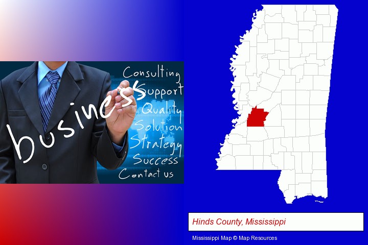 typical business services and concepts; Hinds County, Mississippi highlighted in red on a map