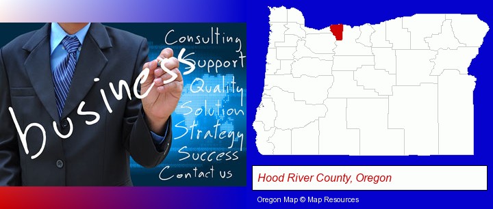 typical business services and concepts; Hood River County, Oregon highlighted in red on a map