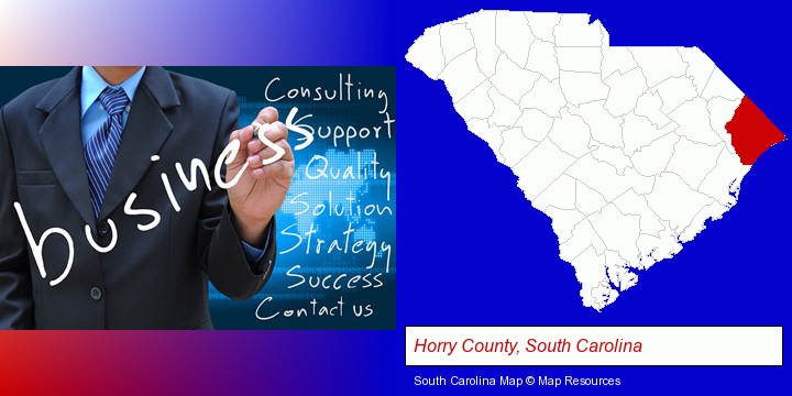 typical business services and concepts; Horry County, South Carolina highlighted in red on a map