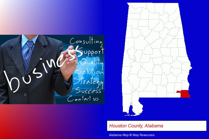 typical business services and concepts; Houston County, Alabama highlighted in red on a map
