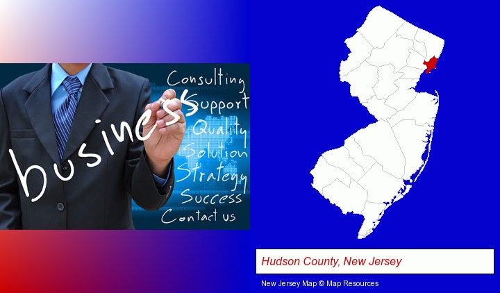 typical business services and concepts; Hudson County, New Jersey highlighted in red on a map