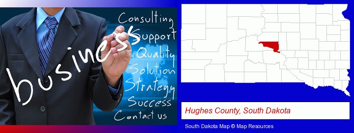 typical business services and concepts; Hughes County, South Dakota highlighted in red on a map