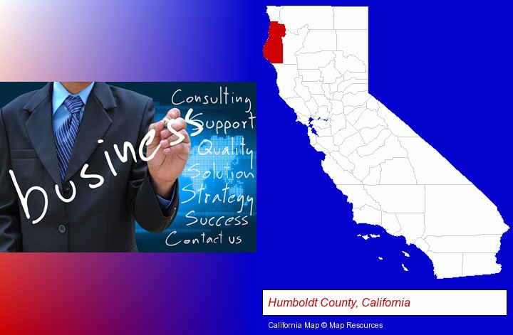 typical business services and concepts; Humboldt County, California highlighted in red on a map