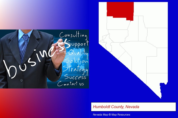 typical business services and concepts; Humboldt County, Nevada highlighted in red on a map