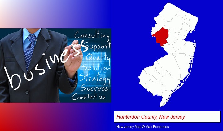 typical business services and concepts; Hunterdon County, New Jersey highlighted in red on a map