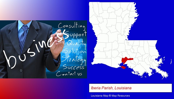 typical business services and concepts; Iberia Parish, Louisiana highlighted in red on a map