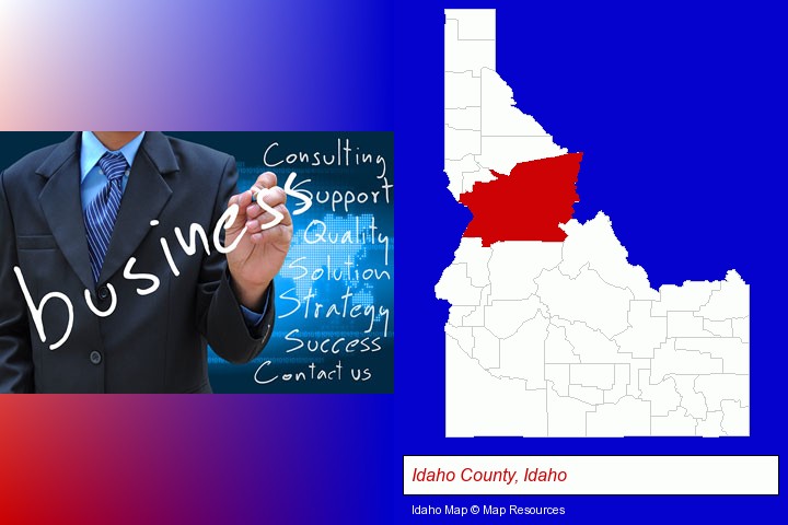 typical business services and concepts; Idaho County, Idaho highlighted in red on a map