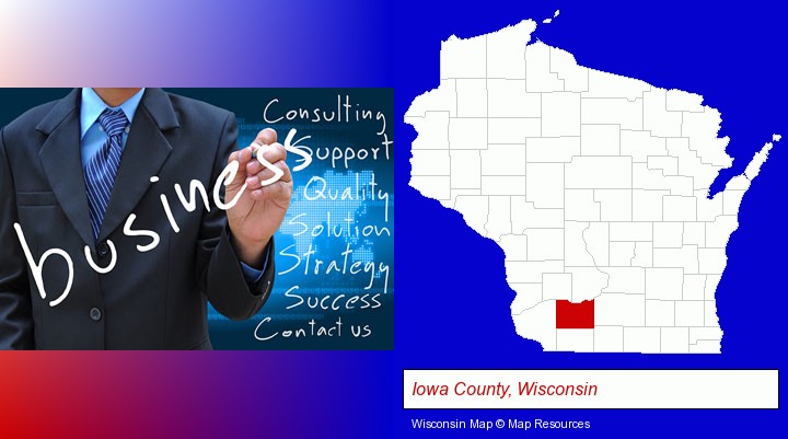 typical business services and concepts; Iowa County, Wisconsin highlighted in red on a map
