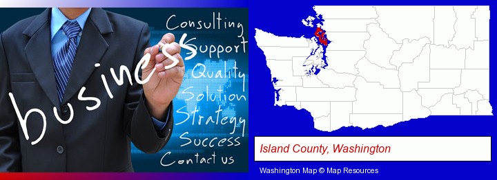 typical business services and concepts; Island County, Washington highlighted in red on a map