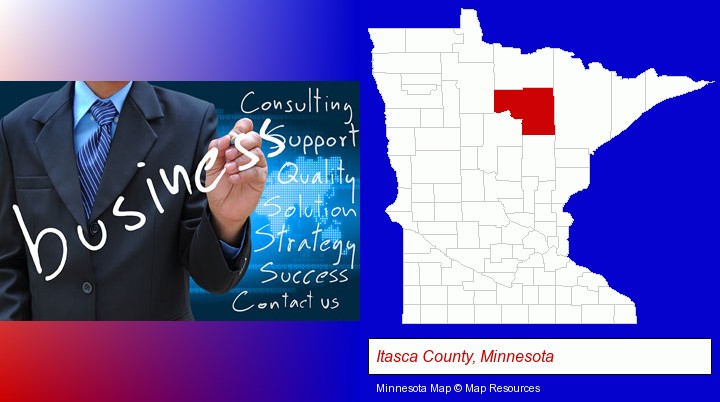 typical business services and concepts; Itasca County, Minnesota highlighted in red on a map