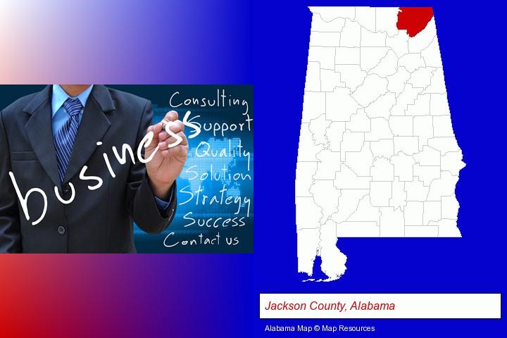 typical business services and concepts; Jackson County, Alabama highlighted in red on a map