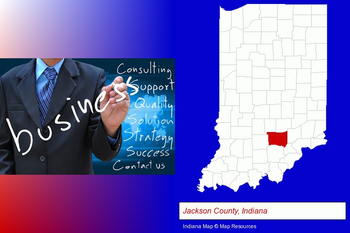 typical business services and concepts; Jackson County, Indiana highlighted in red on a map