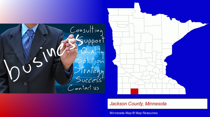 typical business services and concepts; Jackson County, Minnesota highlighted in red on a map
