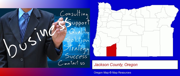 typical business services and concepts; Jackson County, Oregon highlighted in red on a map