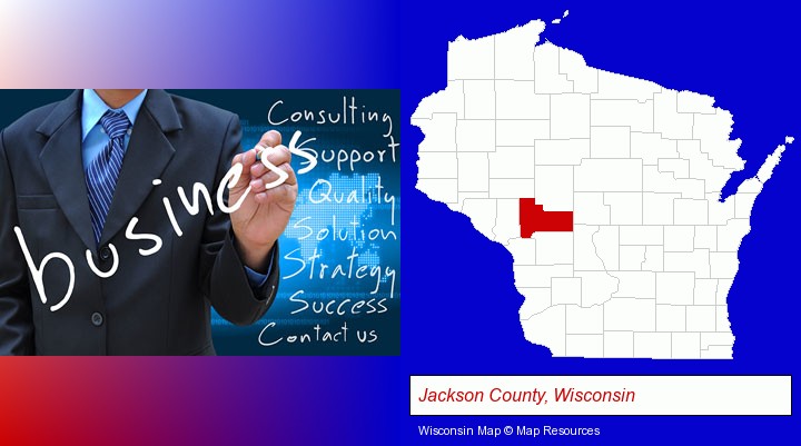 typical business services and concepts; Jackson County, Wisconsin highlighted in red on a map